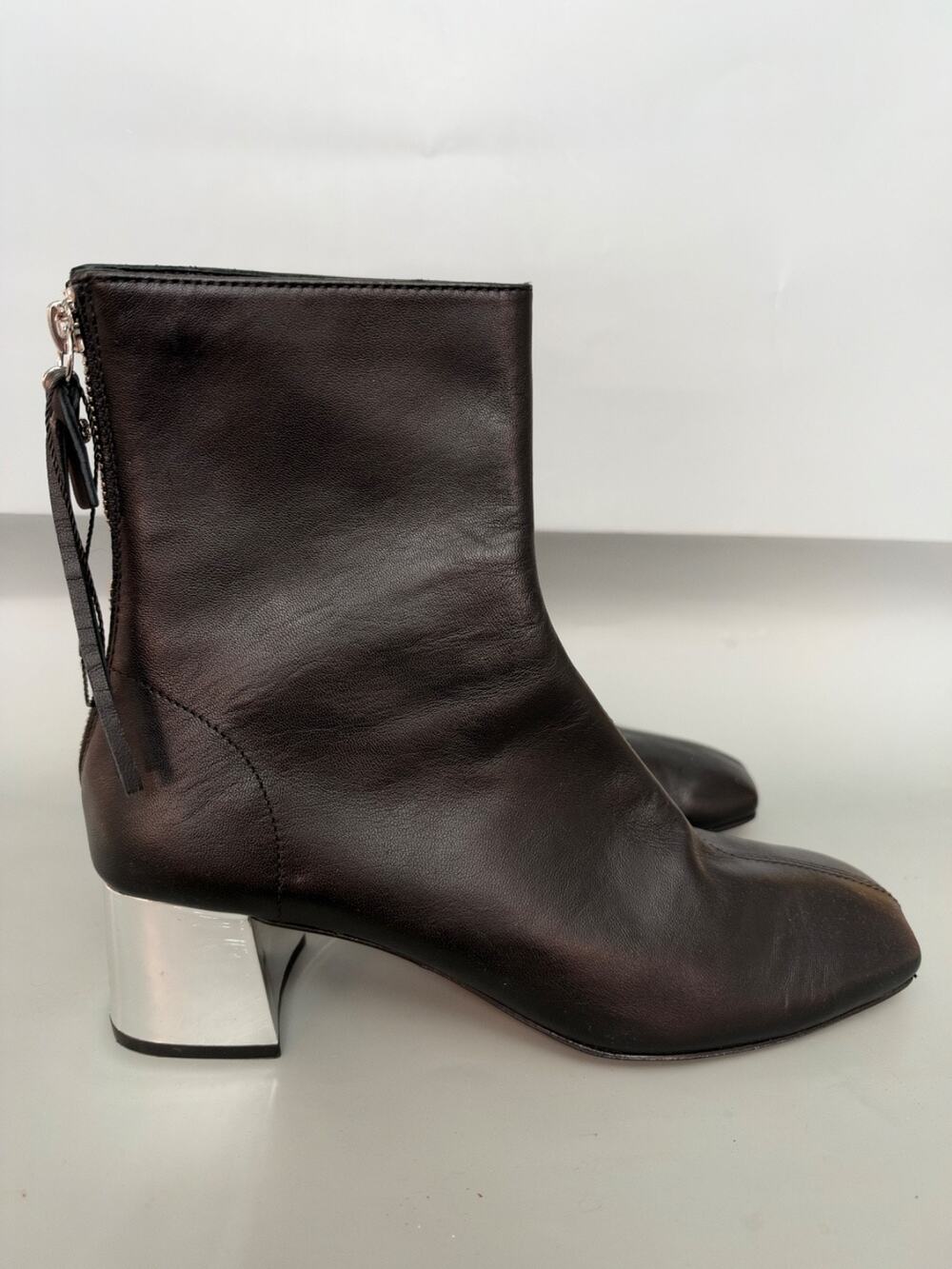 Maje Black Leather Ankle Boots Womens 38 US 7.5 Silver Block Heel Back Zip S4
